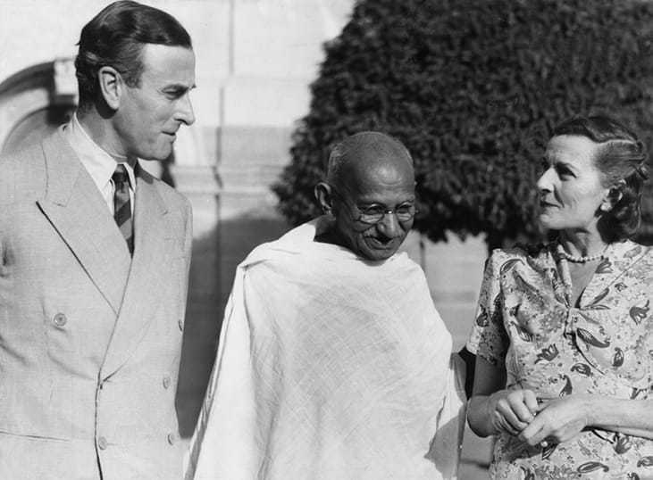 Mahatma Gandhi at his first meeting with Lord and Lady Mountbatten, New Delhi. April 2, 1947.