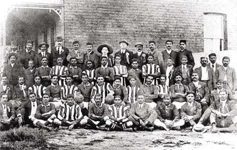 Pretoria Passive Resisters with striped jerseys, vs. Johannesburg Passive Resisters with plain jerseys played in Rangers Ground, Mayfair, Johannesburg, 1913
