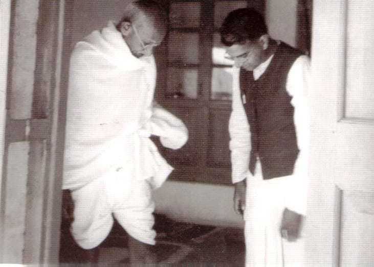 Mahatma Gandhi and Shriman Narayan at his residence Jeevan Kutir in Wardha. 1945.