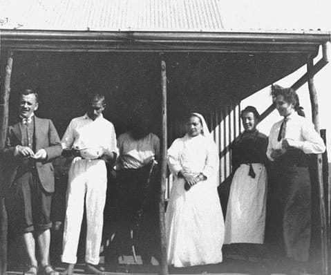 Mahatma Gandhi, Kasturba Gandhi, Sonia Schlesin (extreme right) and others on Tolstoy Farm, June 1912
