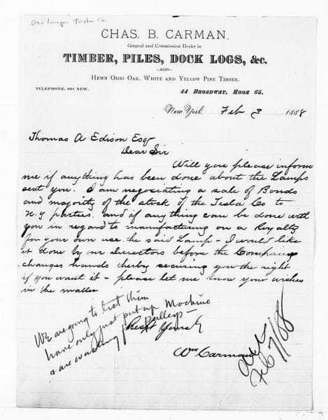 Nikola Tesla, the Carman letter (1888)