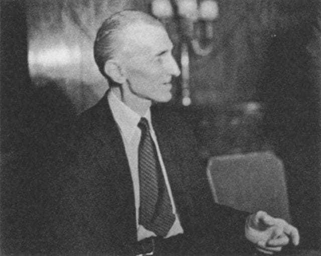 The first of four candid photos taken of Tesla at a press conference at the Hotel New Yorker July 10, 1935, his seventy-ninth birthday.