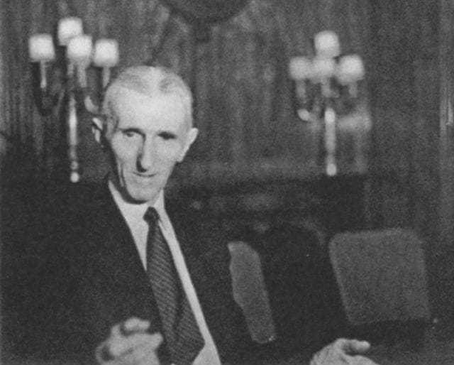 The third of four candid photos taken of Tesla at a press conference at the Hotel New Yorker July 10, 1935, his seventy-ninth birthday.