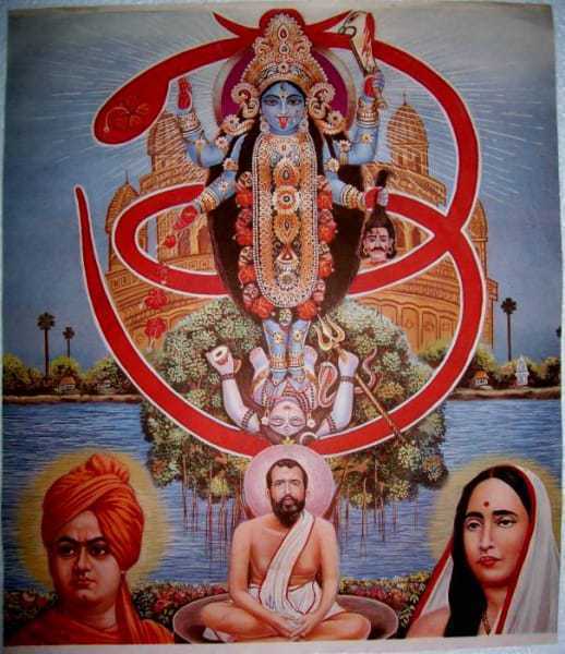 Kali and a prostrate Shiva appear within an OM, and Swami Vivekananda joins the group