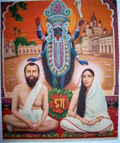 Kali blesses both Ramakrishna and the Mother, with Dakshineshwar in the background; the Bengali script says "Ma"