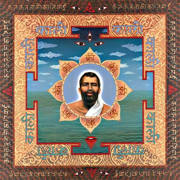 Shri Ramakrishna is himself an object of meditation, installed in a modern yantra inscribed with "Kali"