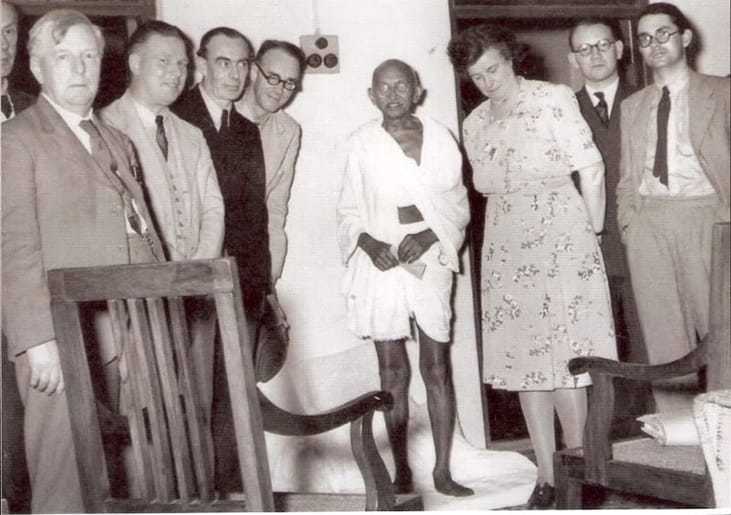 A British parliamentary delegation meets Mahatma Gandhi at Chennai Madras Tamilnadu India. 25 January 1946.