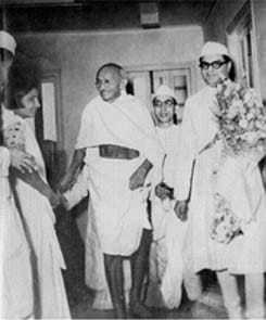 Gandhi with Shantikumar Morarjee visit Kasturba National Memorial Trust's office at Scindhia House, Bombay. April 13, 1945.