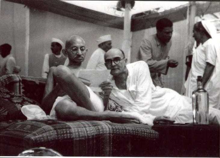 Mahatma Gandhi with Mahadev Desai at the All-India Congress Committee meeting, August 8, 1942.