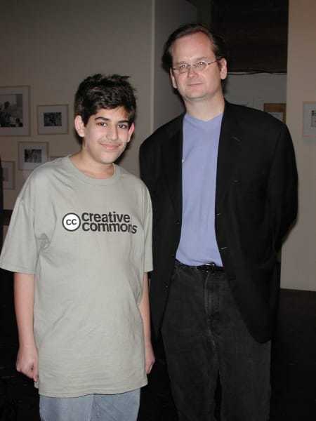 Aaron Swartz and Lawrence Lessig at the Creative Commons launch party in December 2002.