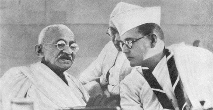 Congress president Bose with Mohandas K. Gandhi at the Congress annual general meeting. 1938.