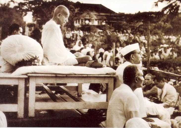 Mahatma Gandhi at a prayer meeting in Birla House, Bombay, 1946.