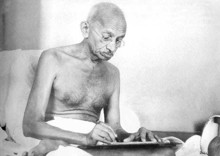 Gandhi drafting a document at Birla House, Mumbai. August 1942.