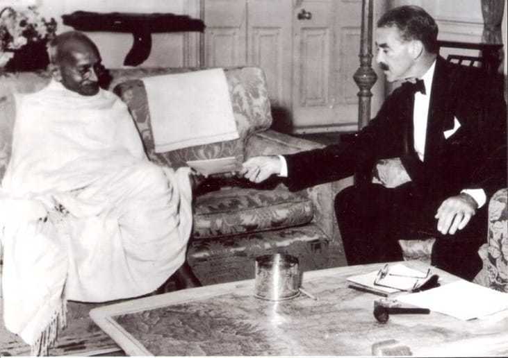 Mahatma Gandhi with his Excellency Mr. R.G. Casey, Governor of Bengal, during their meeting at Calcutta, December 1945.