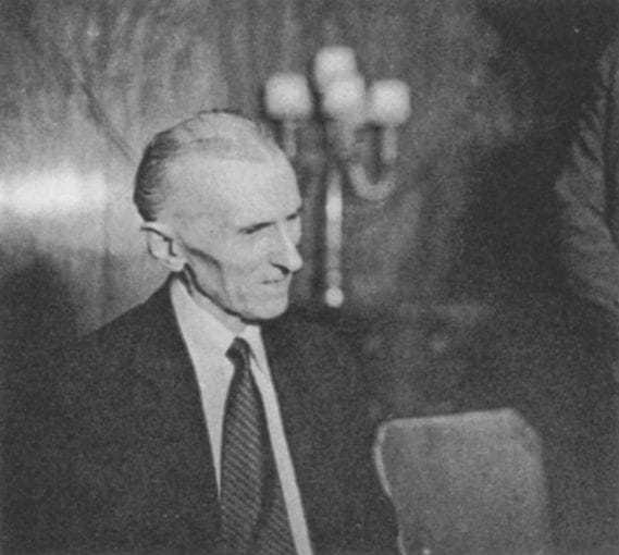 The second of four candid photos taken of Tesla at a press conference at the Hotel New Yorker July 10, 1935, his seventy-ninth birthday.