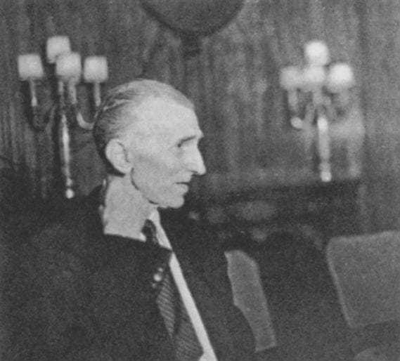 The forth of four candid photos taken of Tesla at a press conference at the Hotel New Yorker July 10, 1935, his seventy-ninth birthday.